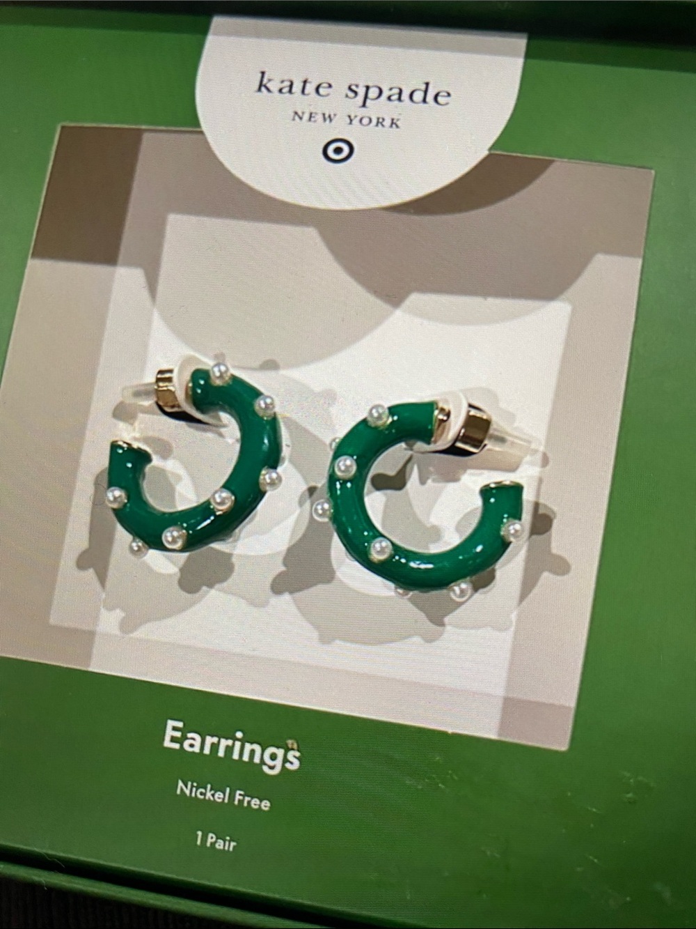 Kate Spade Green Enamel Pearls Hoops